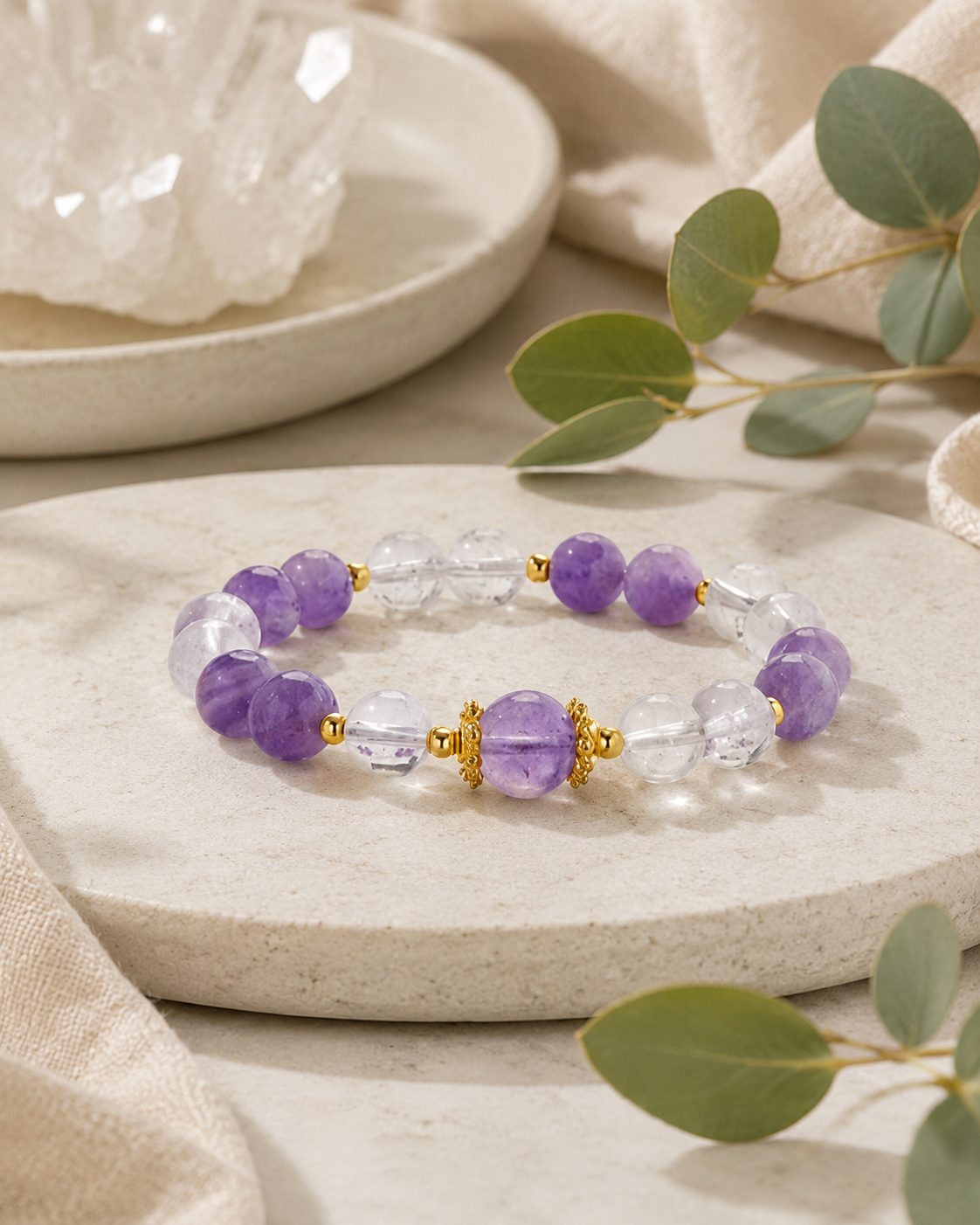 Amethyst & Silver Bracelet | Dream Amethyst & White Crystal | 925 Silver
