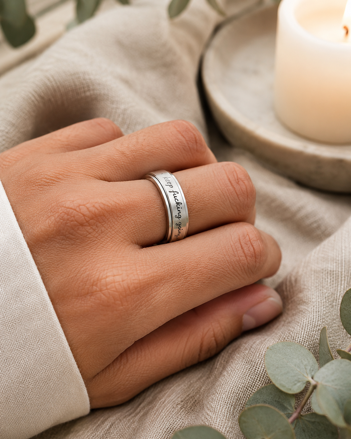 Keep F***ing Going — Titanium Steel Affirmation Spinner Ring