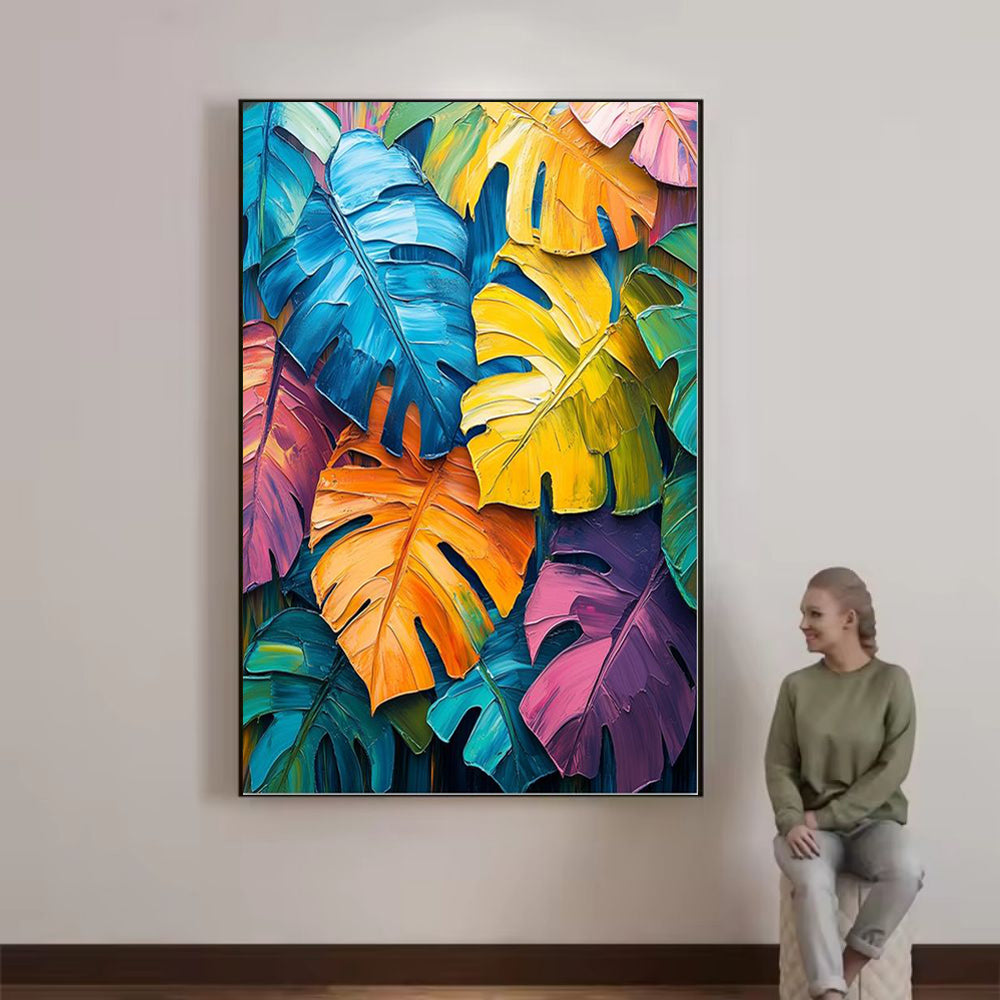 Peinture à l'huile faite à la main sur toile, décoration murale, tortue colorée dopaminergique, plante verte de bambou pour décoration intérieure, peinture roulée sans cadre et non tendue