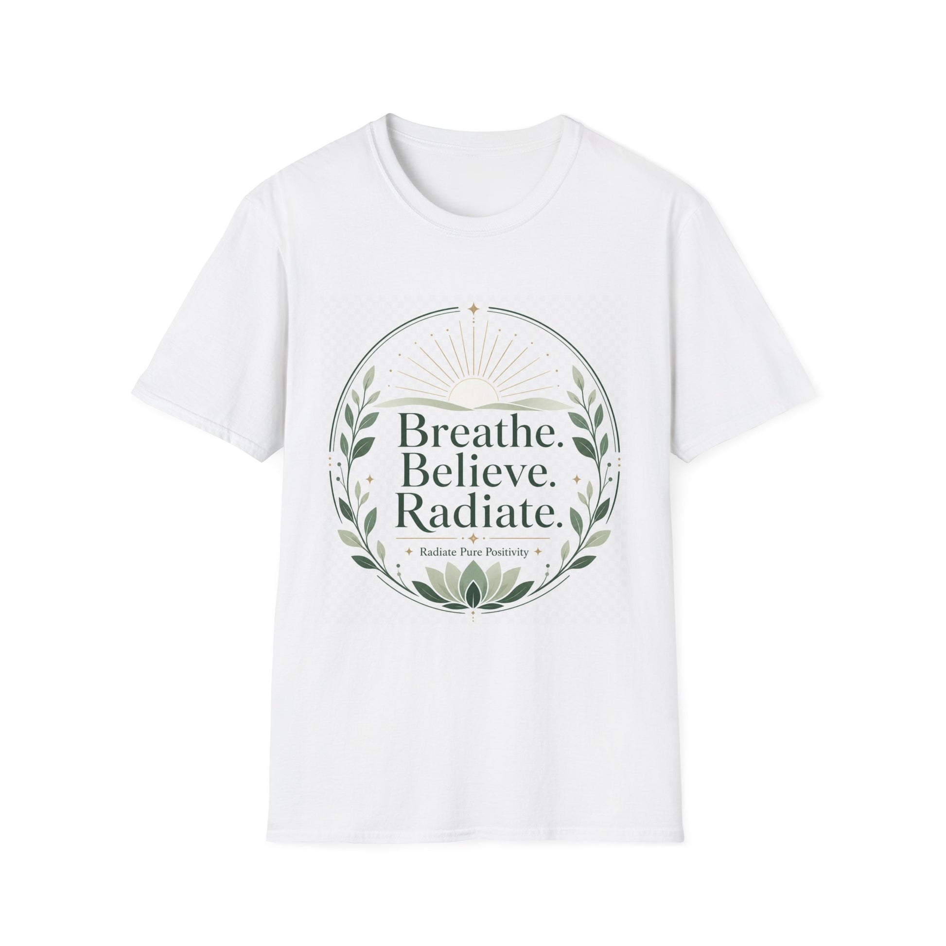 Breathe Believe Radiate | Unisex Crew Neck T-Shirt | Soft Ring-Spun Cotton Everyday Tee - Radiate Pure Positivity