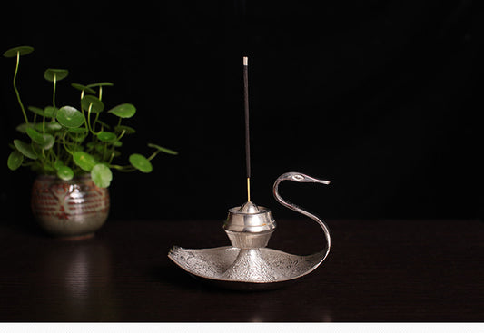 Brûleur d'encens Cygne d'Argent – Cuivre sculpté à la main