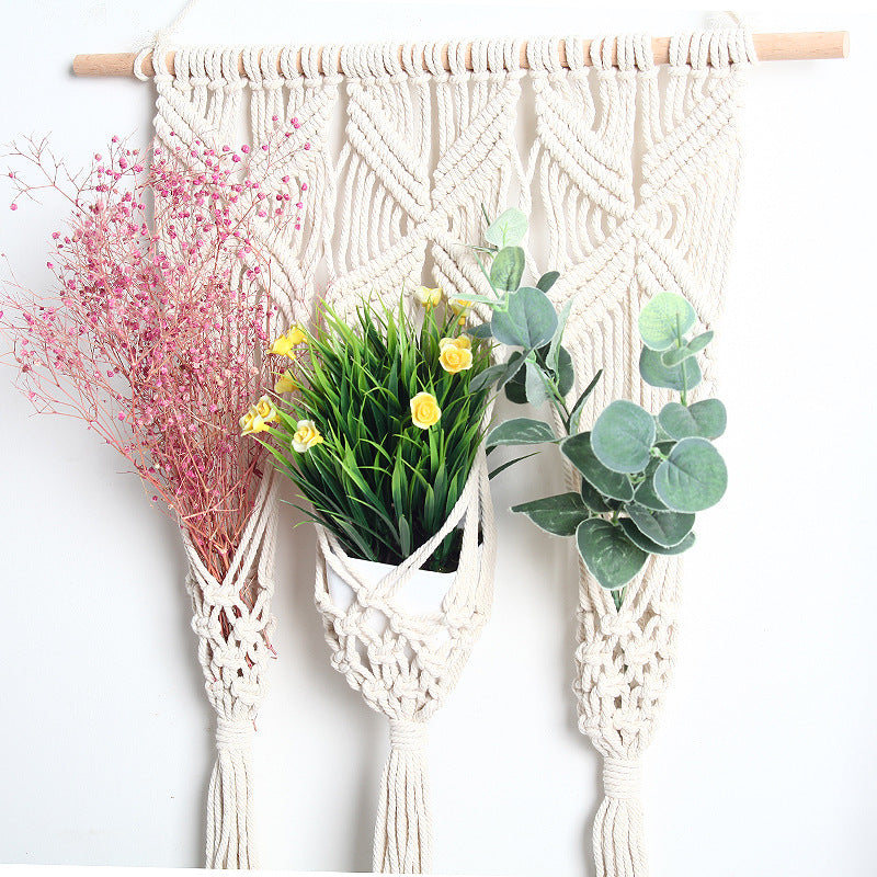 Tenture murale en coton tissé à la main, motif quadrillé, avec tringle en hêtre