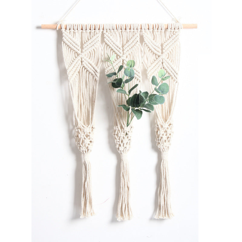 Tenture murale en coton tissé à la main, motif quadrillé, avec tringle en hêtre