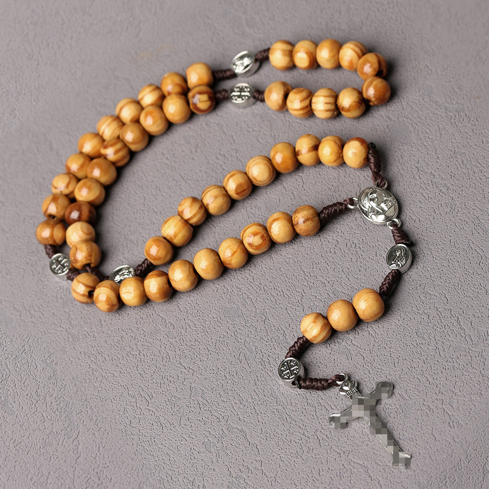 Natural Wood Bead Cross Necklace | Handmade Geometric Cross Pendant