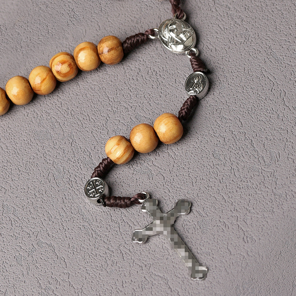Natural Wood Bead Cross Necklace | Handmade Geometric Cross Pendant