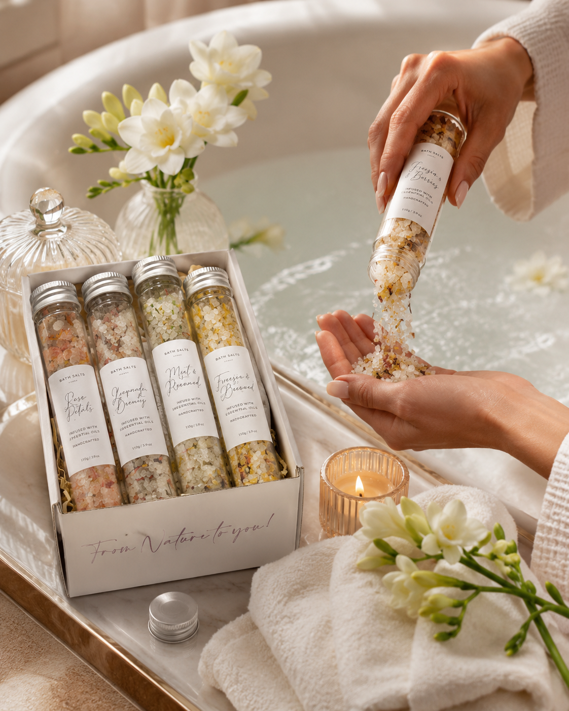 Bath Salts with Dried Flowers | Botanical Bubble Bath Bombs Alternative for a Spa Soak