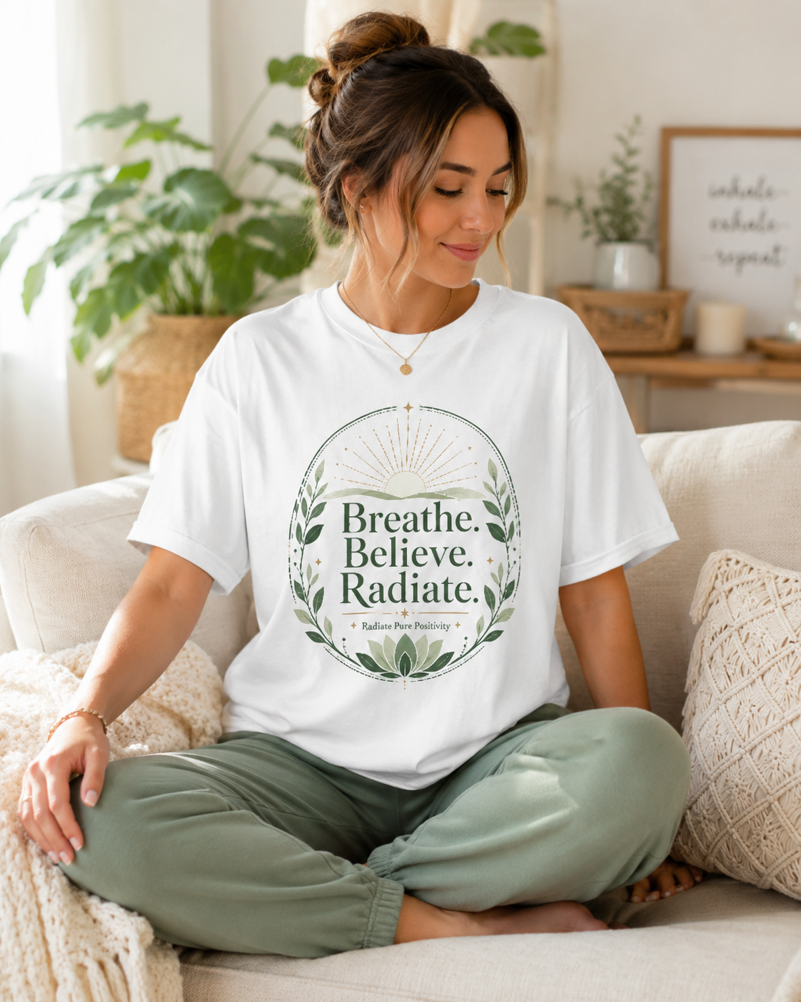 Breathe Believe Radiate | Unisex Crew Neck T-Shirt | Soft Ring-Spun Cotton Everyday Tee - Radiate Pure Positivity