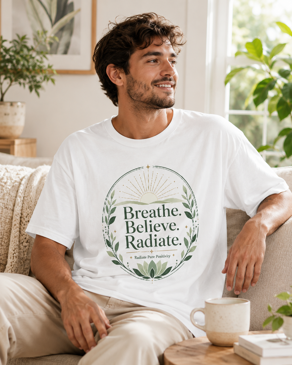 Breathe Believe Radiate | Unisex Crew Neck T-Shirt | Soft Ring-Spun Cotton Everyday Tee - Radiate Pure Positivity