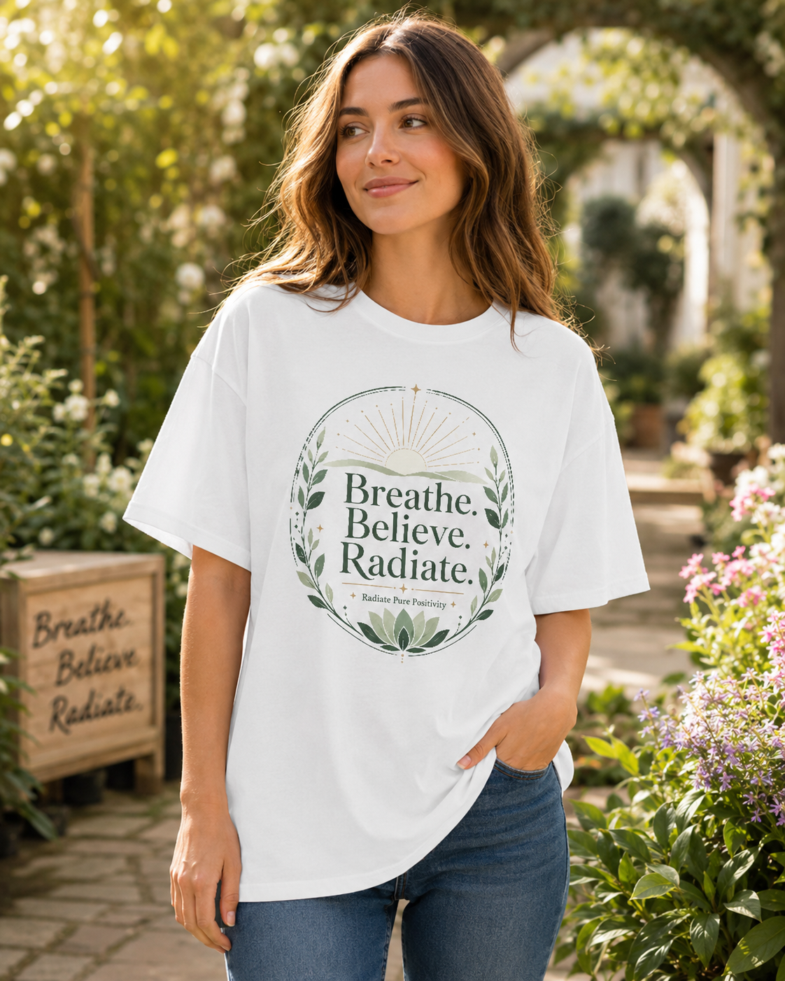 Breathe Believe Radiate | Unisex Crew Neck T-Shirt | Soft Ring-Spun Cotton Everyday Tee - Radiate Pure Positivity