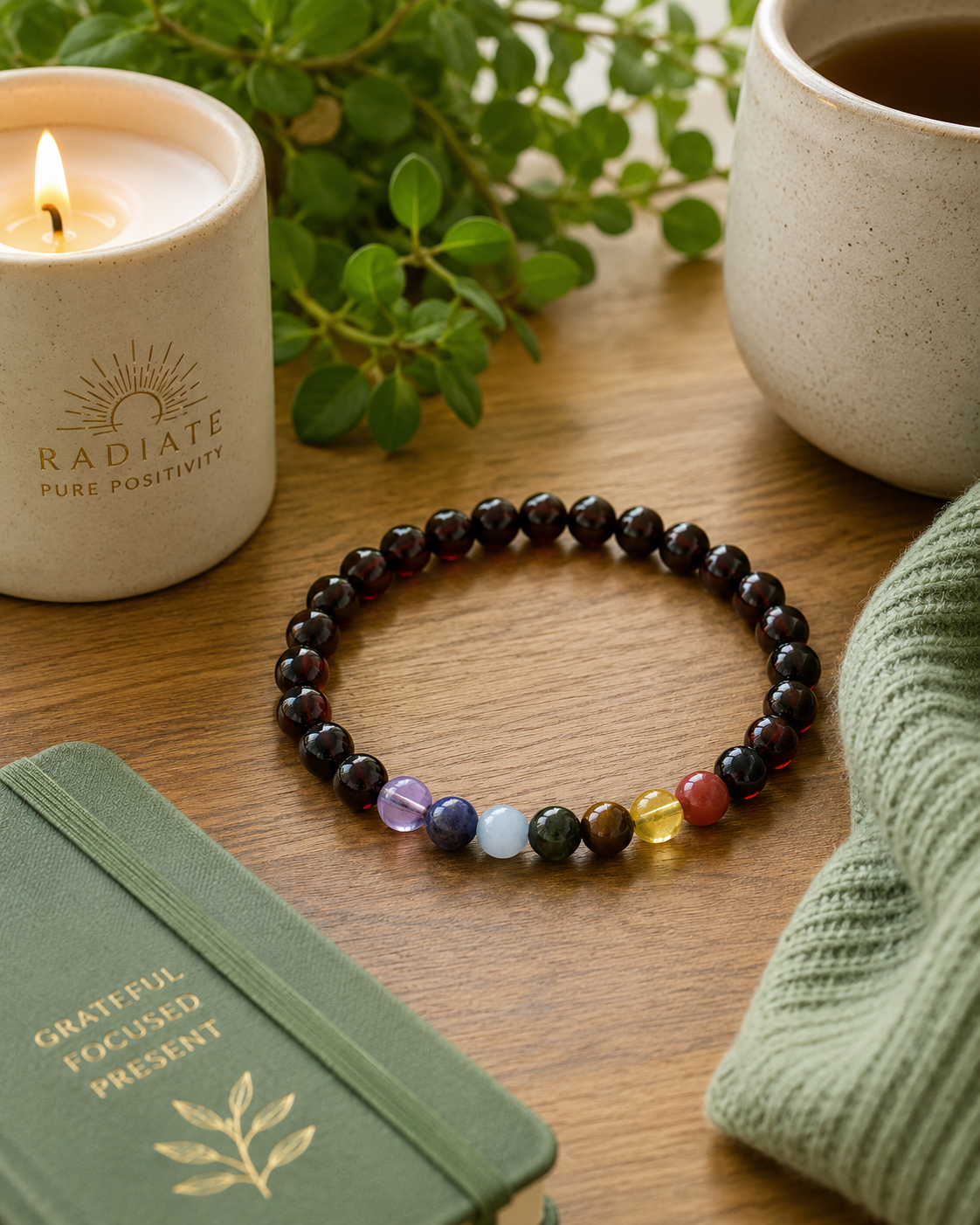 Baltic Amber & Chakra Gemstone Stretch Bracelet | Elastic Beaded Bracelet