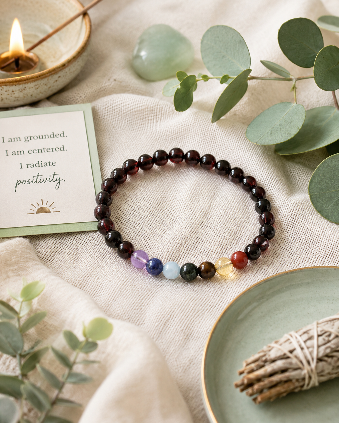 Baltic Amber & Chakra Gemstone Stretch Bracelet | Elastic Beaded Bracelet