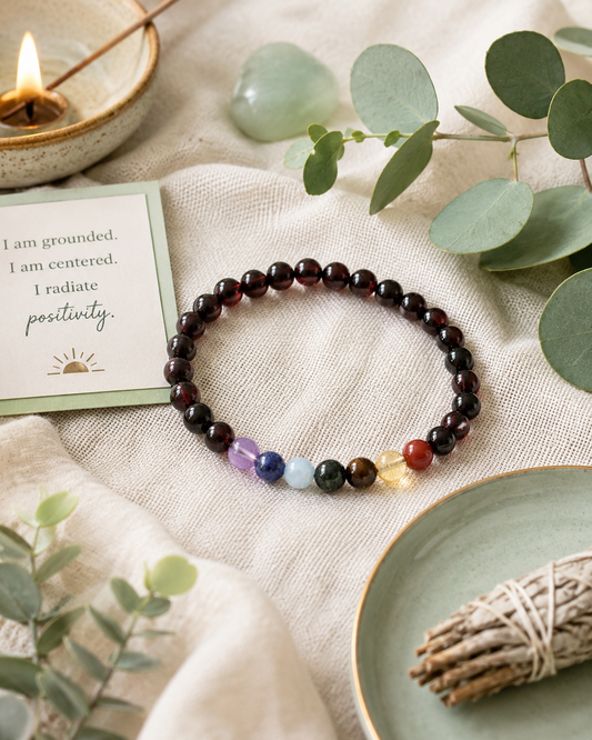 Baltic Amber & Chakra Gemstone Stretch Bracelet | Elastic Beaded Bracelet