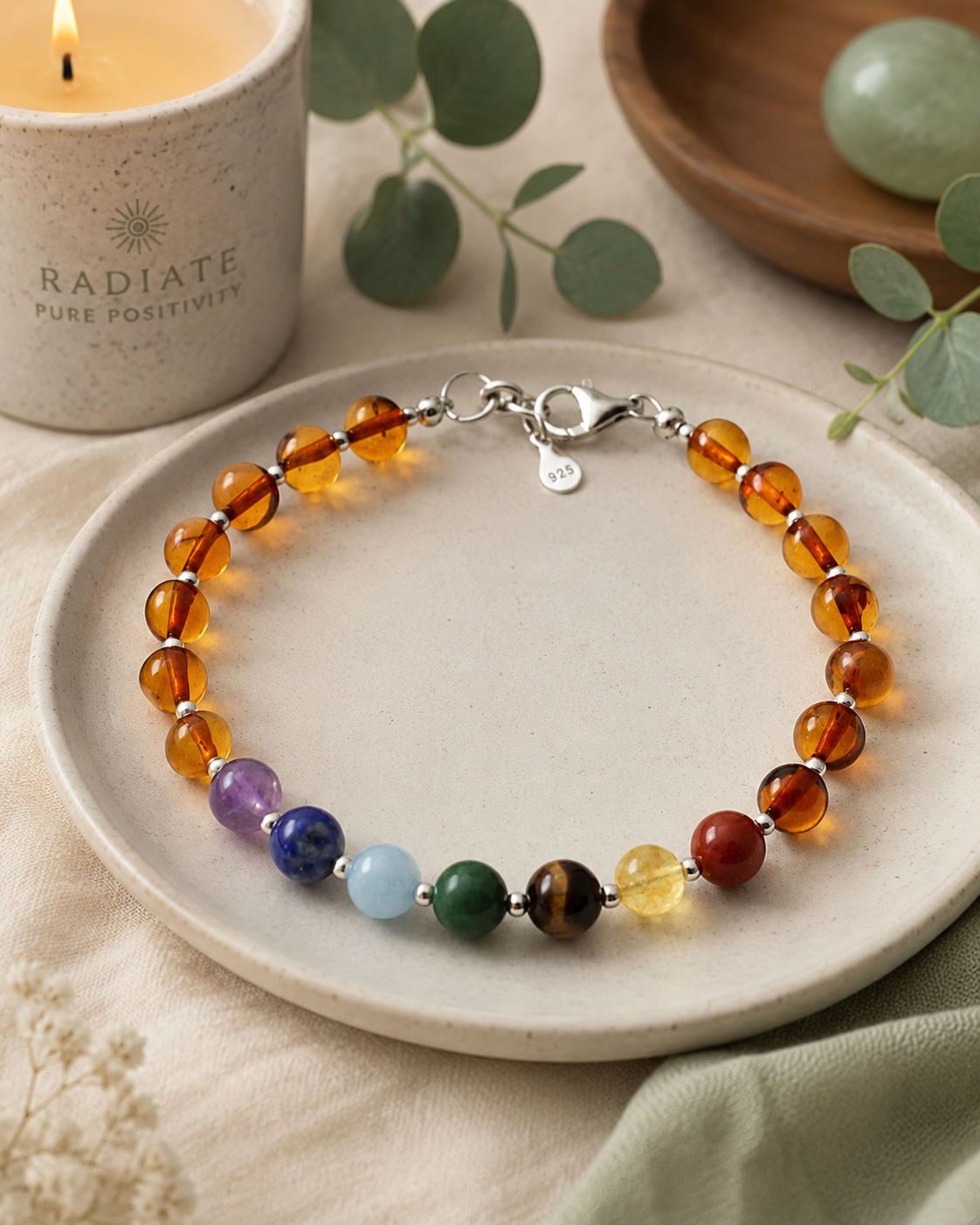 Baltic Amber & Chakra Gemstone Bracelet | Sterling Silver 925