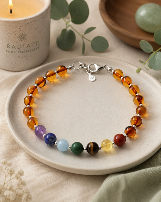 Baltic Amber & Chakra Gemstone Bracelet | Sterling Silver 925
