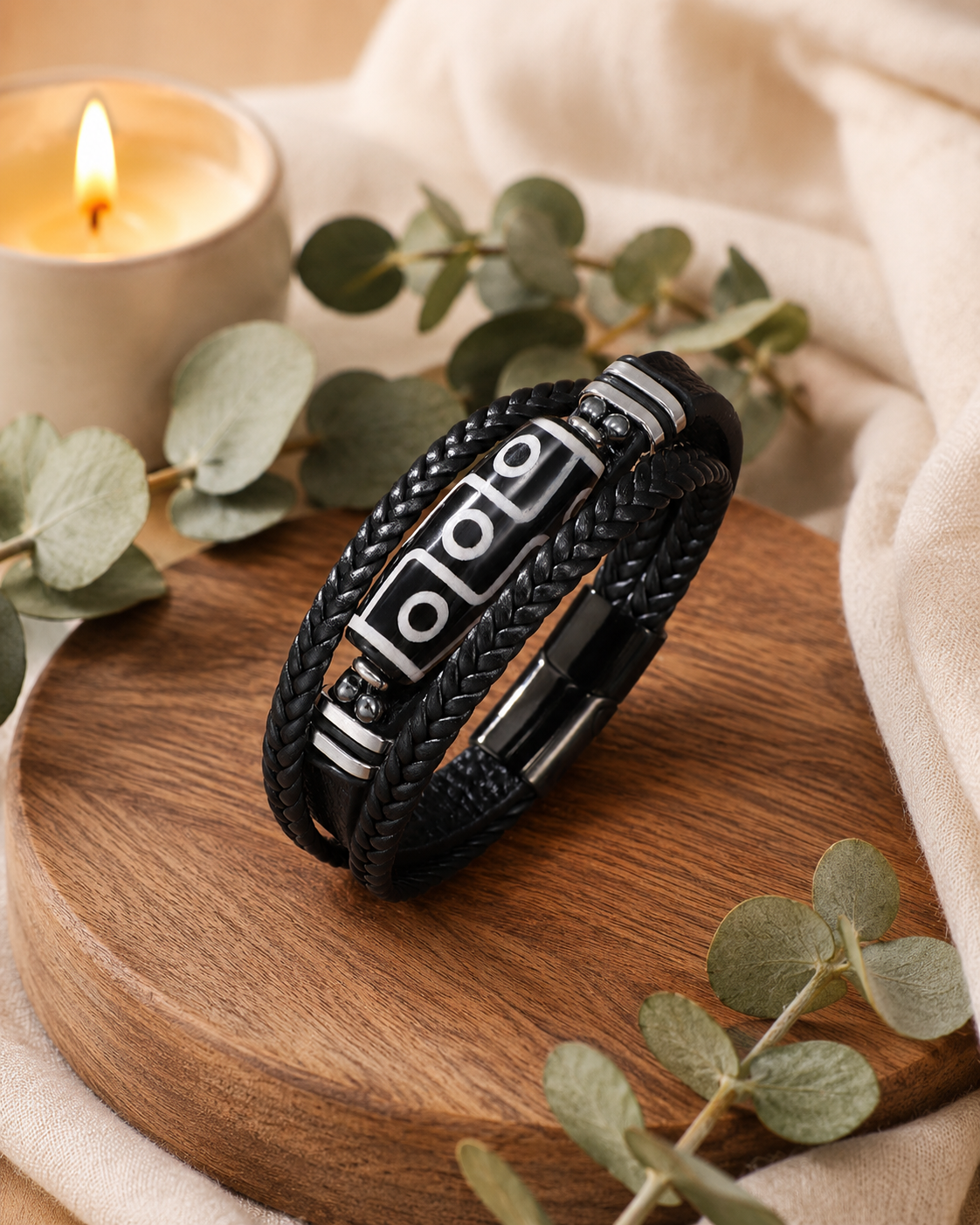 Men's DZi Bead Leather Bracelet | Nine-Eyed DZi & Stainless Steel