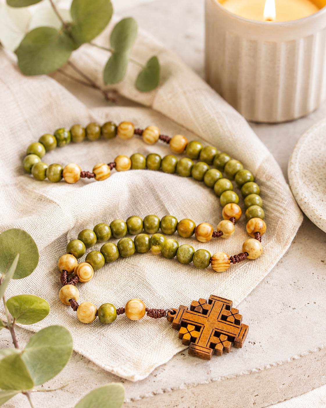 Wooden Prayer Bead Necklace | Hand-Woven Jerusalem Cross | Natural Wood