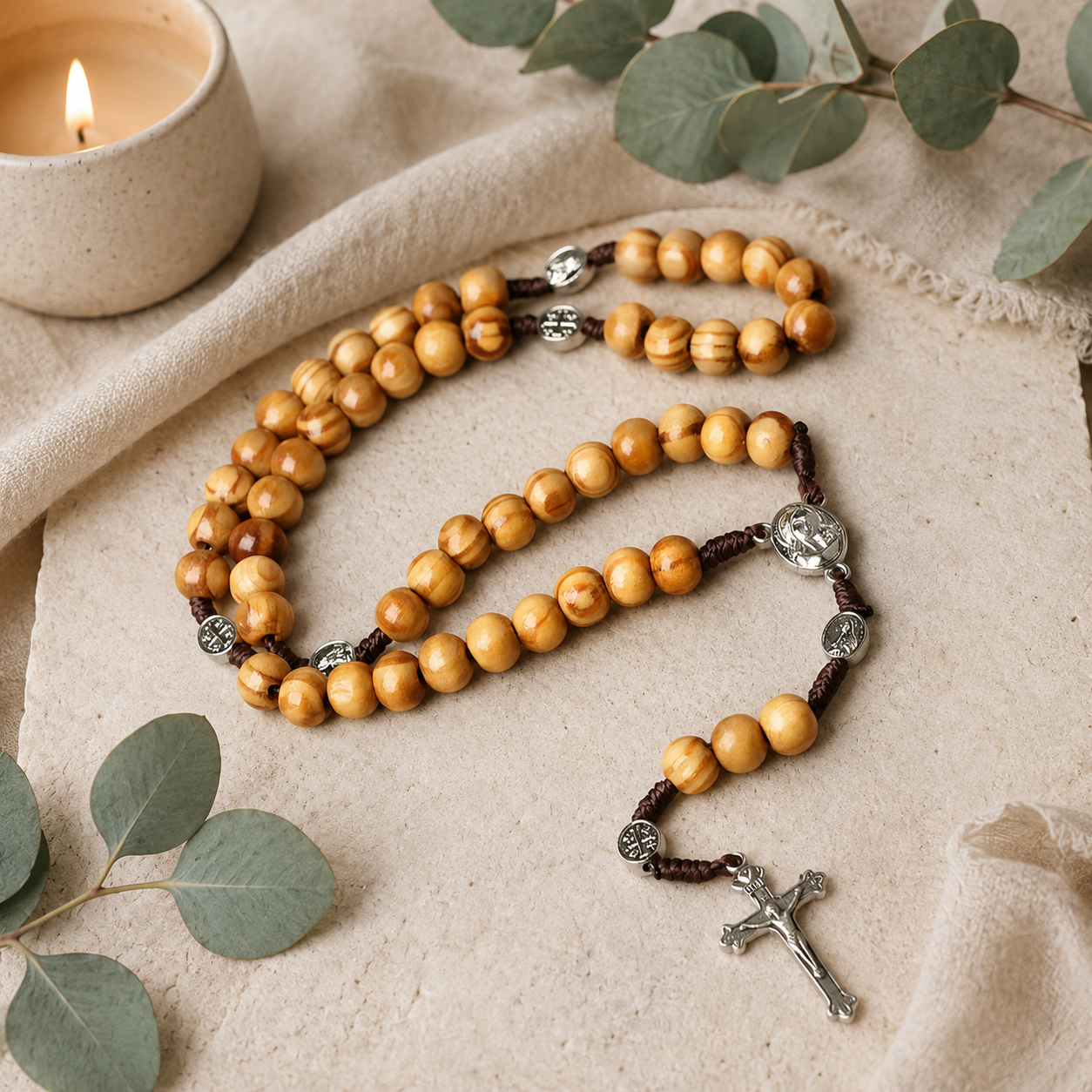 Natural Wood Bead Cross Necklace | Handmade Geometric Cross Pendant