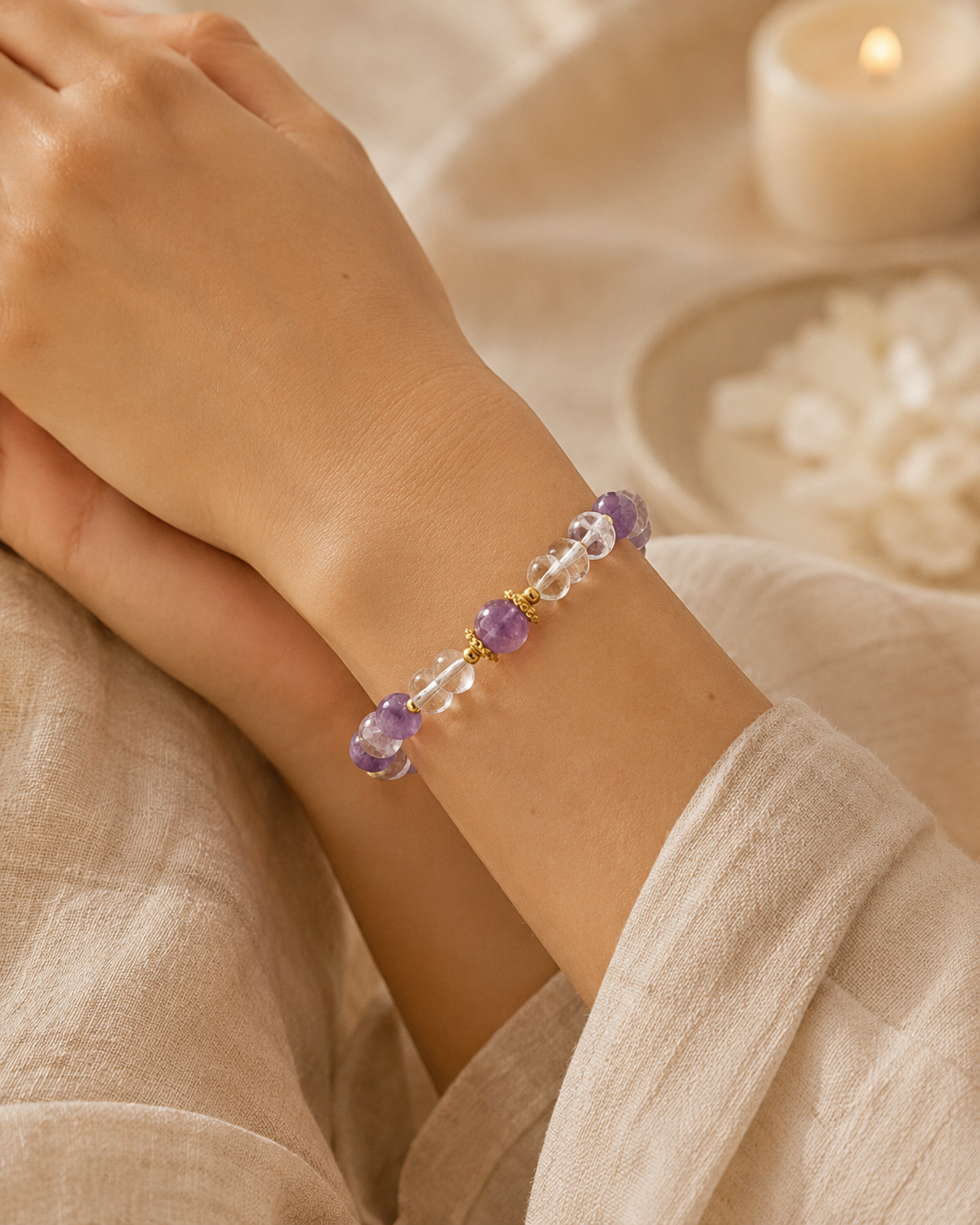 Amethyst & Silver Bracelet | Dream Amethyst & White Crystal | 925 Silver