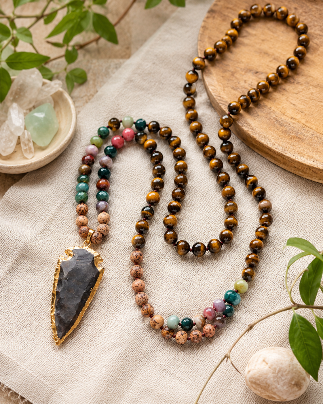 Tiger Eye Agate Buddha Bead Necklace | Lotus Pendant | Natural Stone Mala