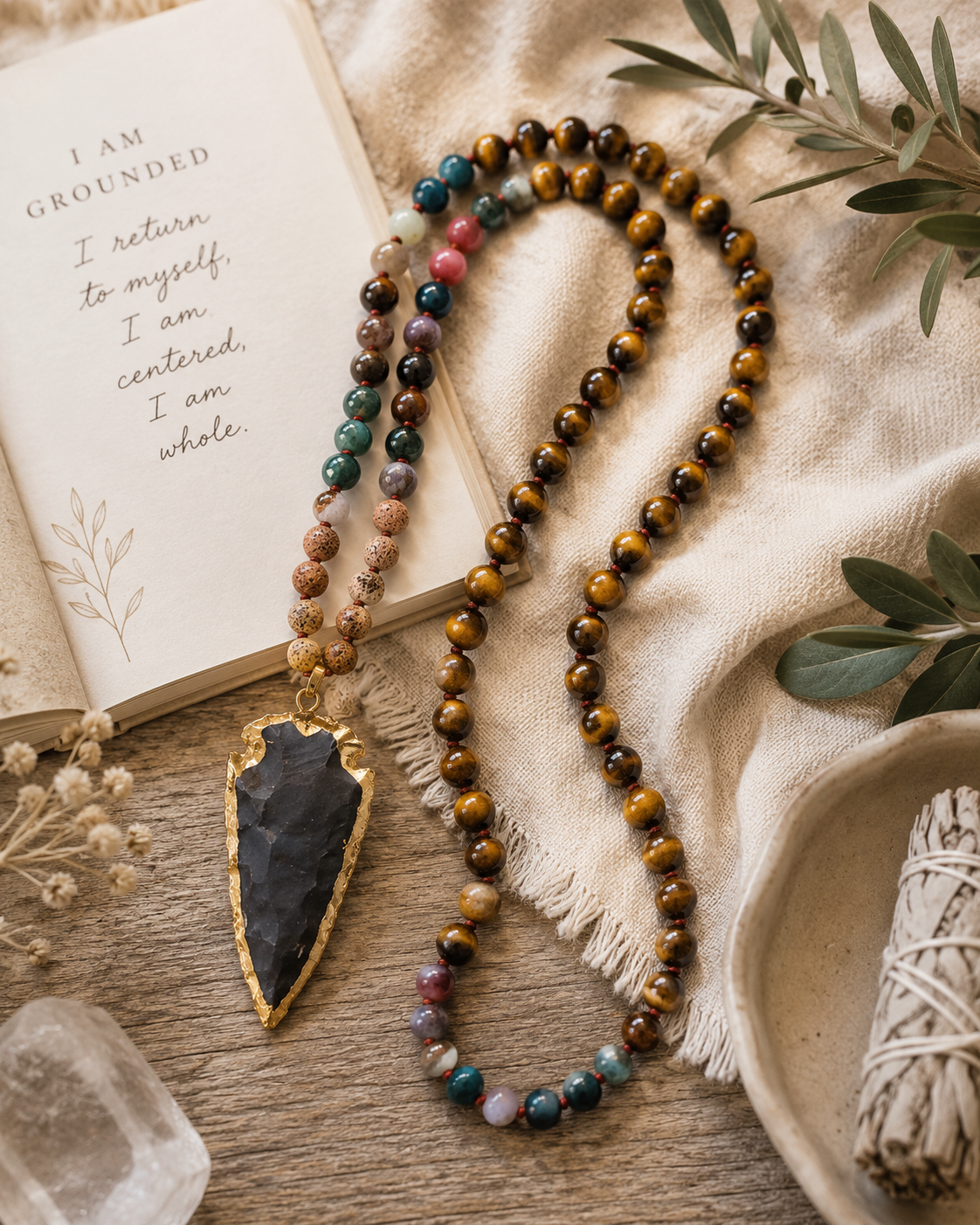 Tiger Eye Agate Buddha Bead Necklace | Lotus Pendant | Natural Stone Mala