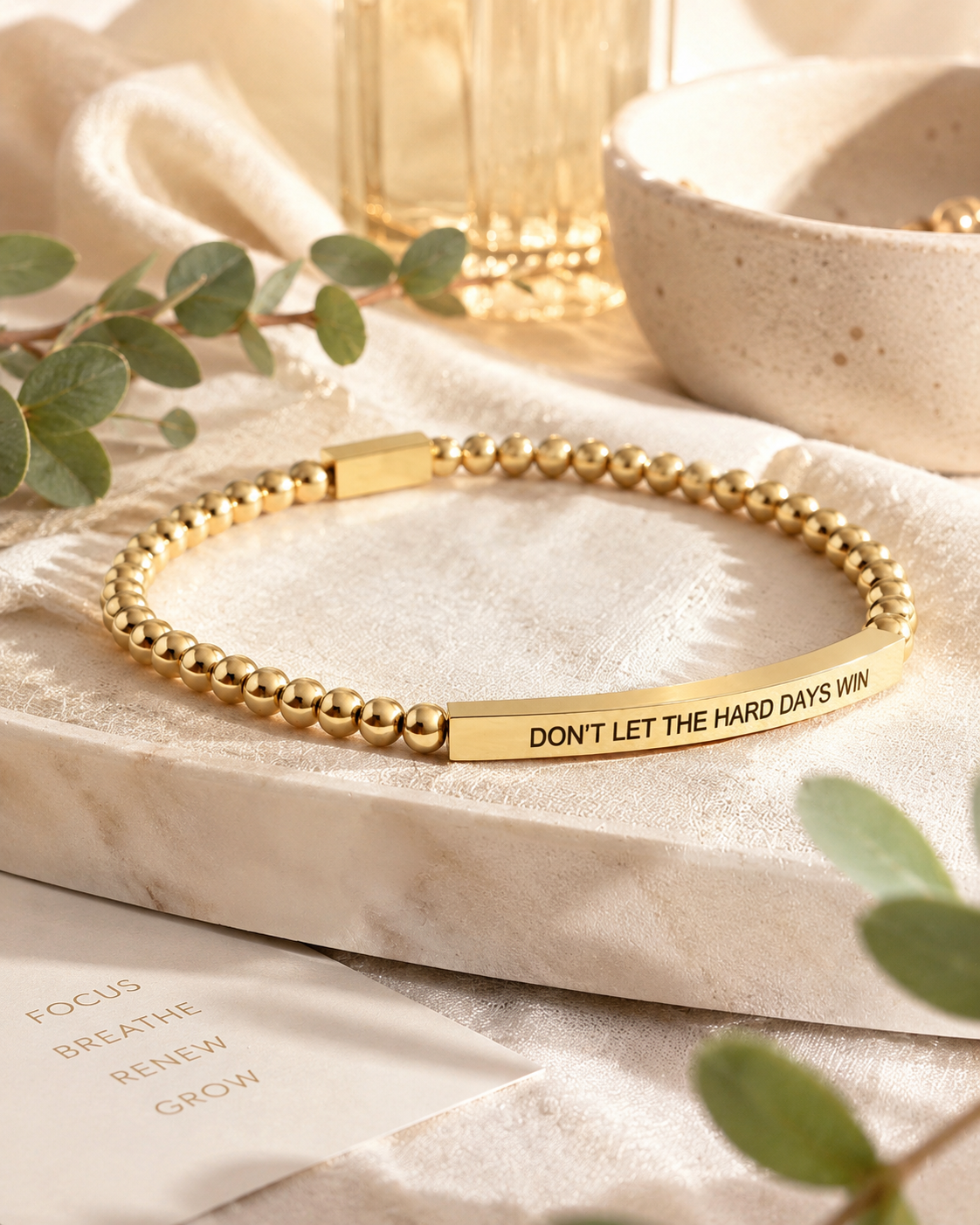 Stainless Steel Engraved Bead Bracelet | Gold & Crystal Beads | Unisex Minimalist