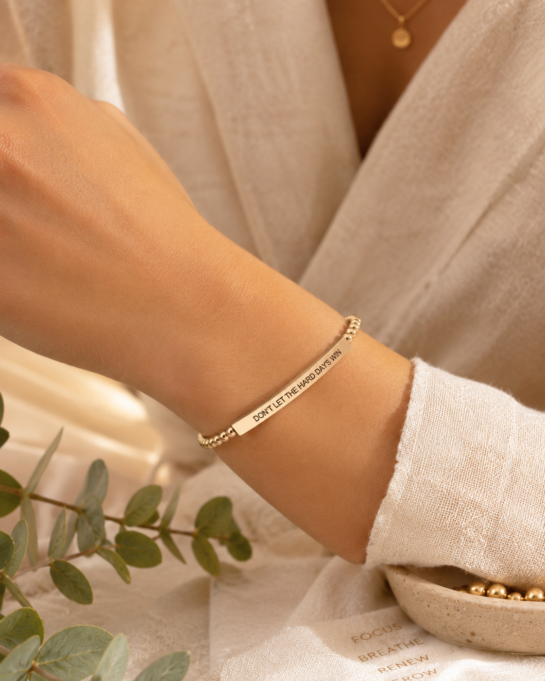 Stainless Steel Engraved Bead Bracelet | Gold & Crystal Beads | Unisex Minimalist