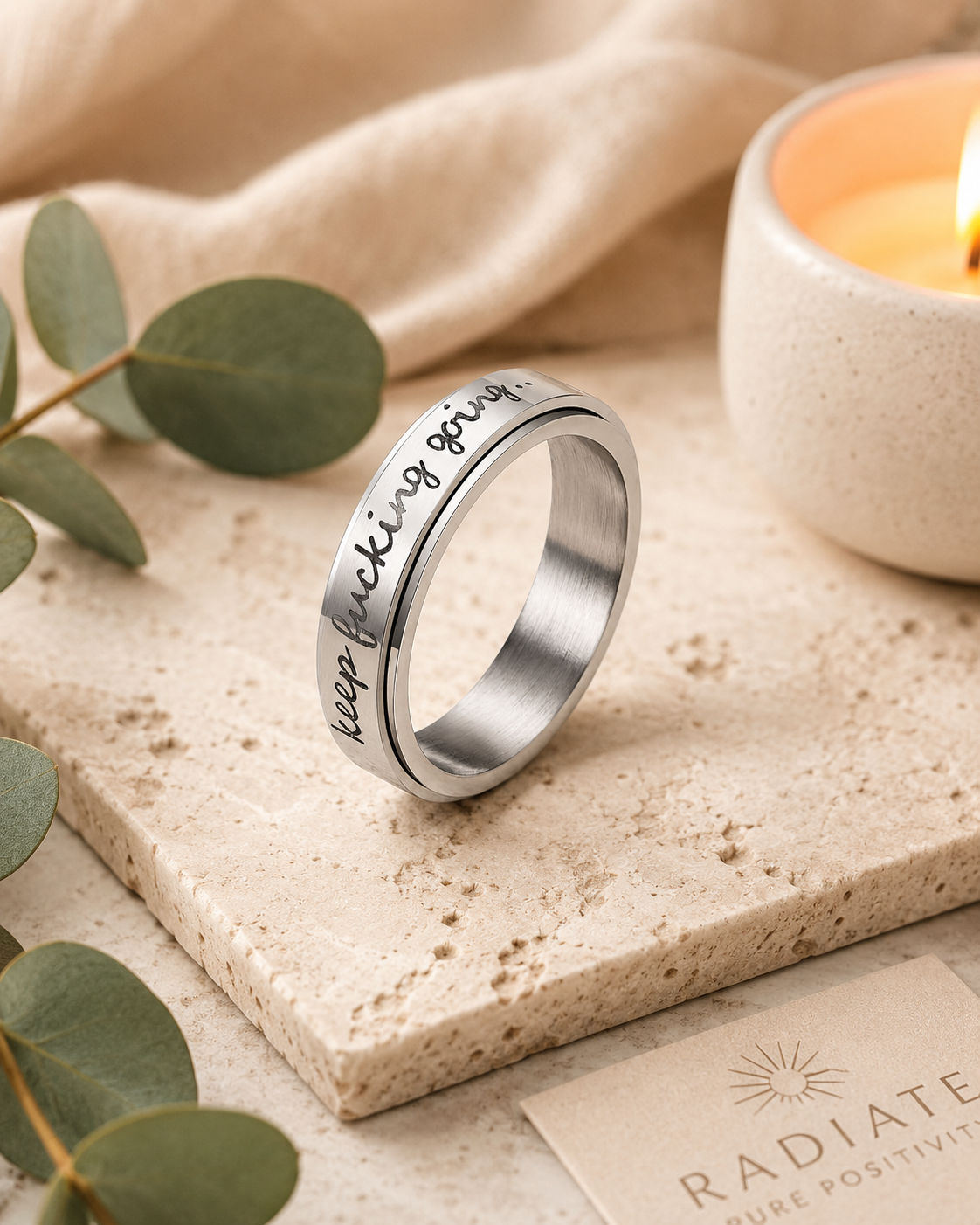Keep F***ing Going — Titanium Steel Affirmation Spinner Ring