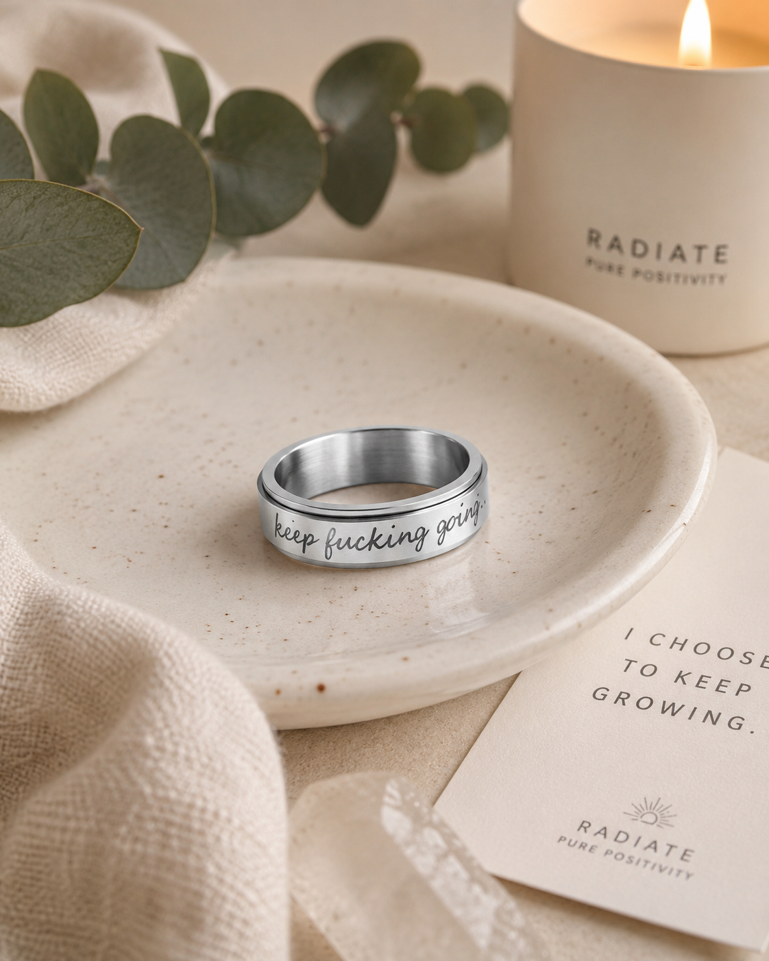 Keep F***ing Going — Titanium Steel Affirmation Spinner Ring