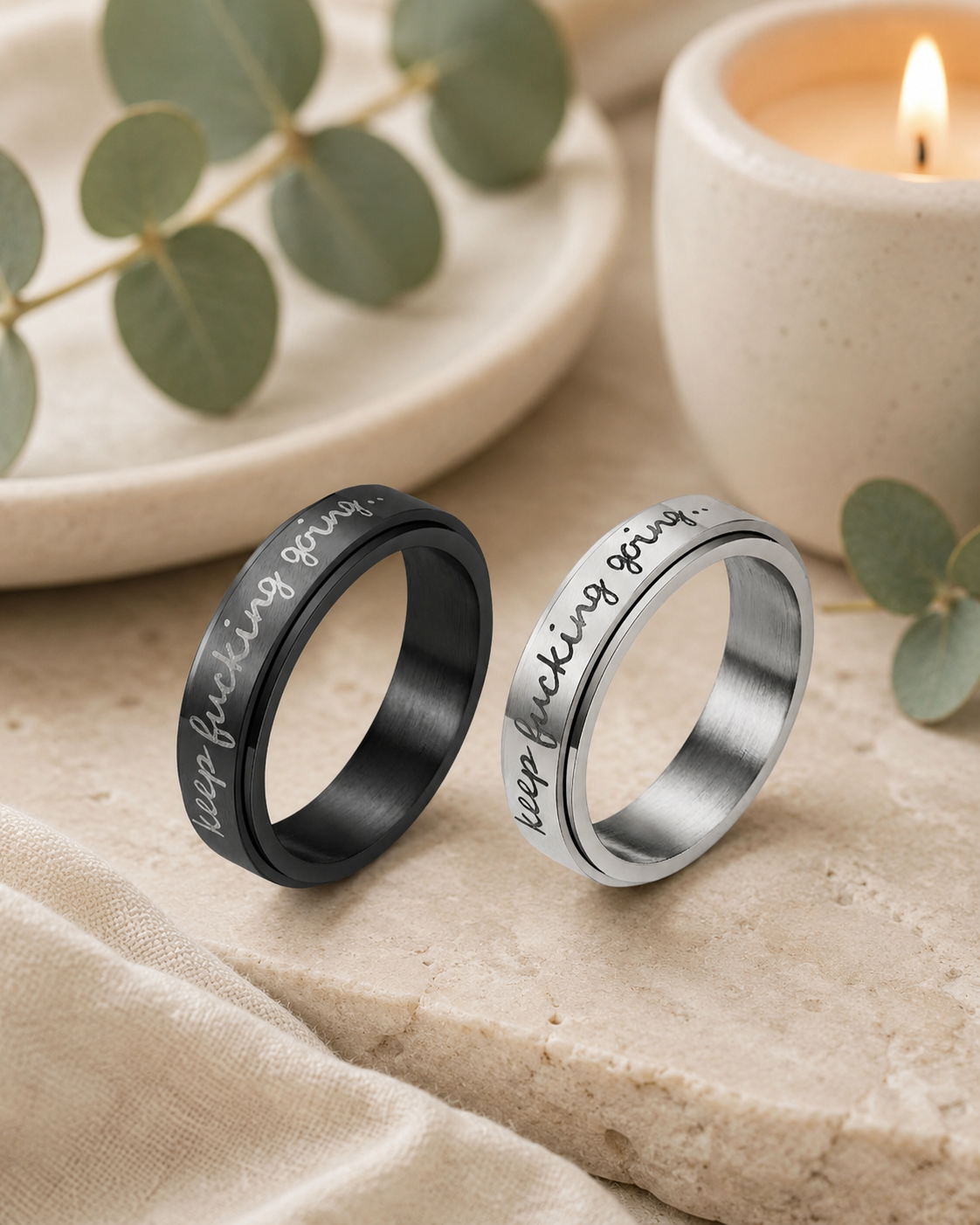 Keep F***ing Going — Titanium Steel Affirmation Spinner Ring