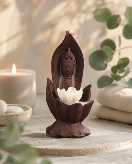 Brûleur d'encens à refoulement Guanyin Lotus – Sable violet sculpté à la main