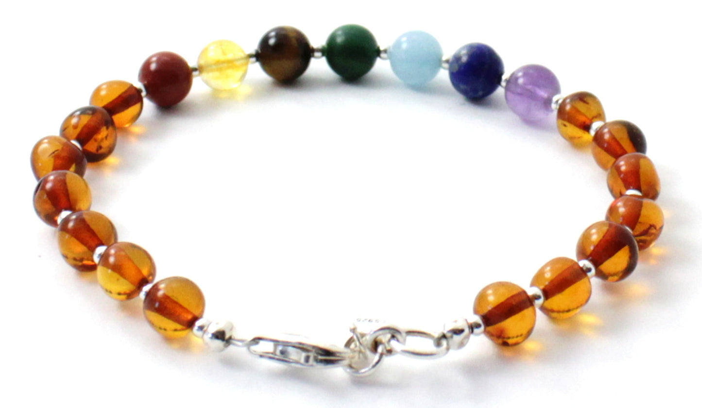 Baltic Amber & Chakra Gemstone Bracelet | Sterling Silver 925